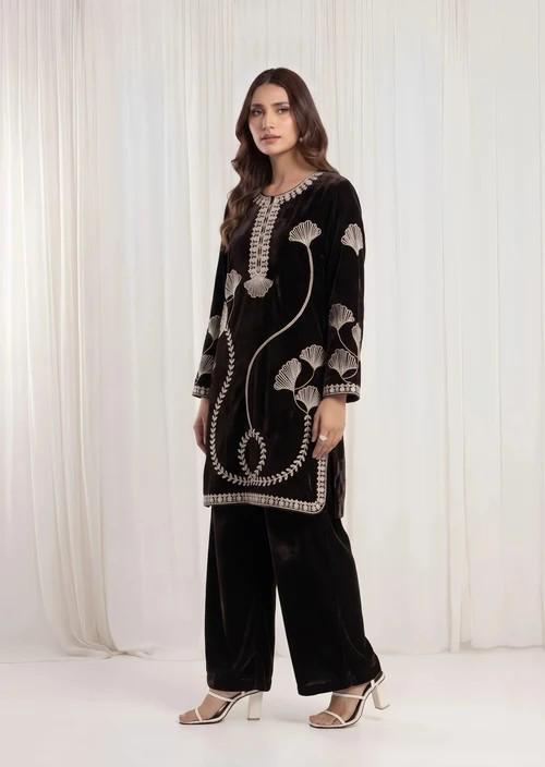 Embroidered Velvet Suit - Dark Brown - 2 Piece