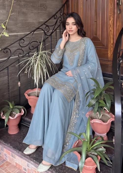 Embroidered Chiffon Sharara - Ice Blue - 3 Piece