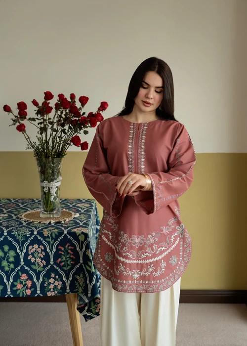Embroidered Lawn Kurta Farshi Shalwar Suit - 2 Piece - Pink, Off-White