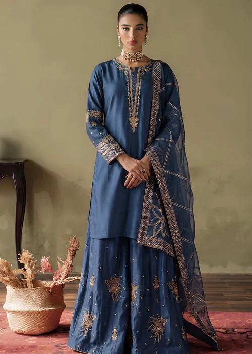 3 Piece Embellished Silk Palazzo Suit - Cobalt Blue