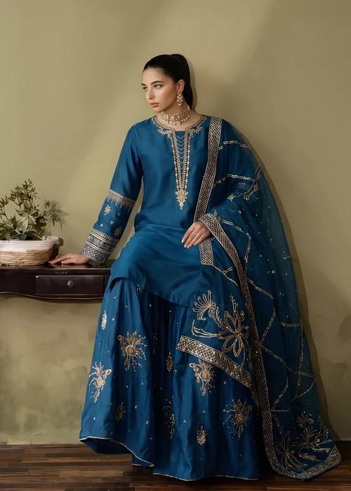 3 Piece Embellished Silk Palazzo Suit - Cobalt Blue