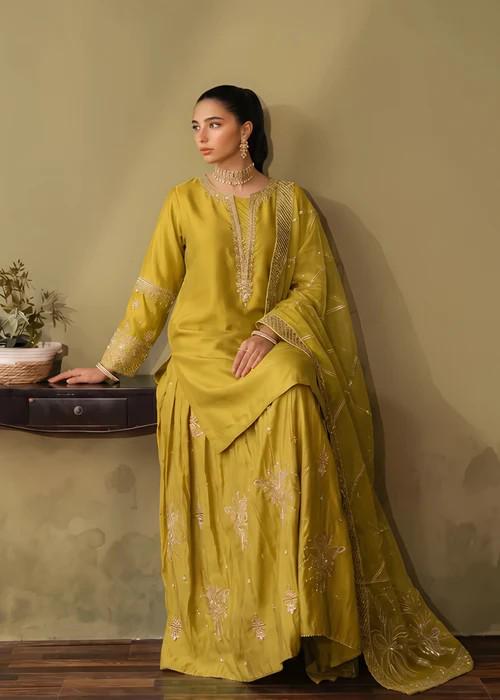 3 Piece Embellished Silk Palazzo Suit - Apple Green