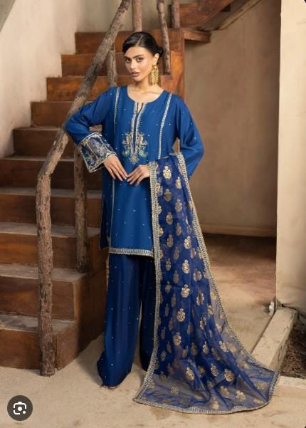 Embroidered Raw Silk Farshi Shalwar Suit with Organza Dupatta - 3 Piece - Blue