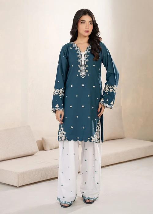 Embroidered Cotton Kurta Culottes Set - Teal