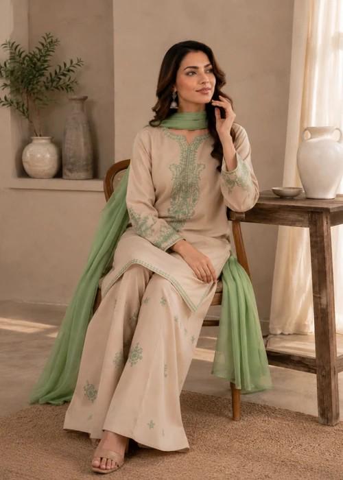 Embroidered Linen Kurta Set Suit - 3 Piece