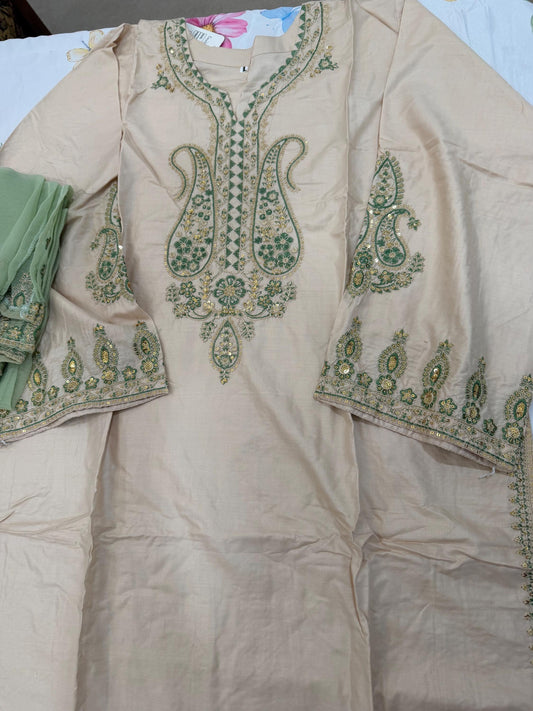Embroidered Linen Kurta Set Suit - 3 Piece