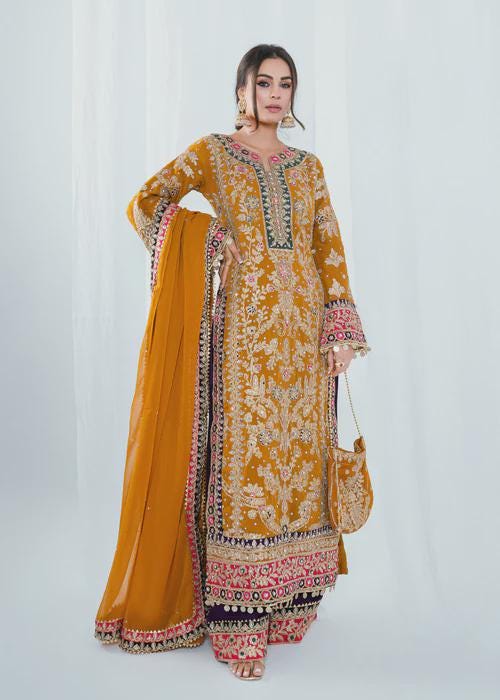 Embroidered Chiffon Kurta Suit - 4 Piece with Potli bag