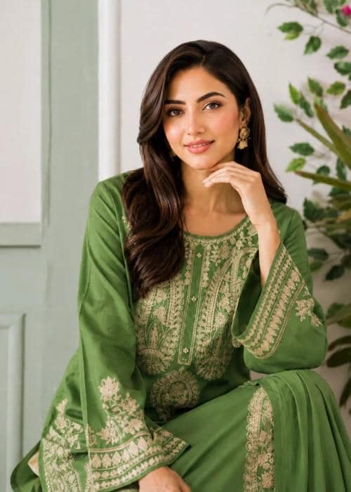 Embroidered Linen Suit with Chiffon Dupatta - Apple Green
