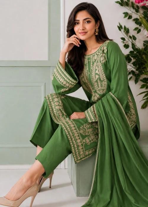 Embroidered Linen Suit with Chiffon Dupatta - Apple Green