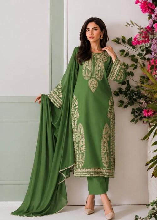 Embroidered Linen Suit with Chiffon Dupatta - Apple Green