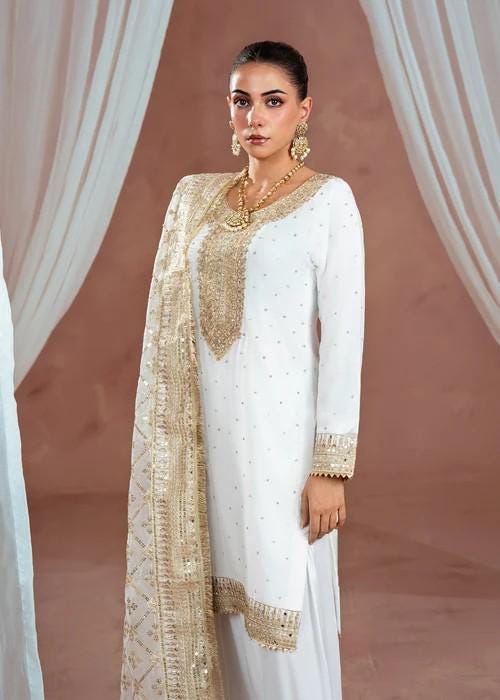 Golden Embroidered Chiffon Suit - White & Gold - 3 Piece