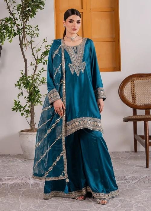 Embroidered Charmeuse Silk Palazzo Suit - 3 Piece - Teal