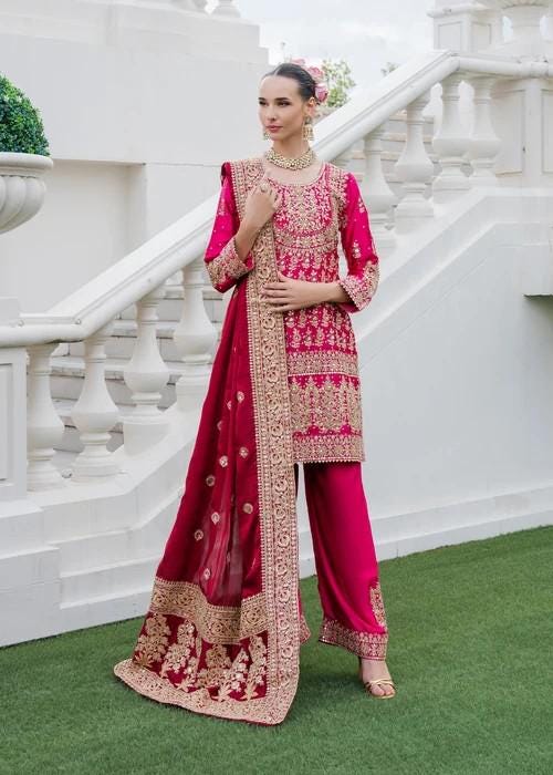 Embroidered Charmeuse Silk Suit - Fuchsia - 3 Piece
