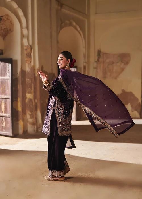 Embroidered Velvet Kurta Set - Deep Purple - 3 Piece