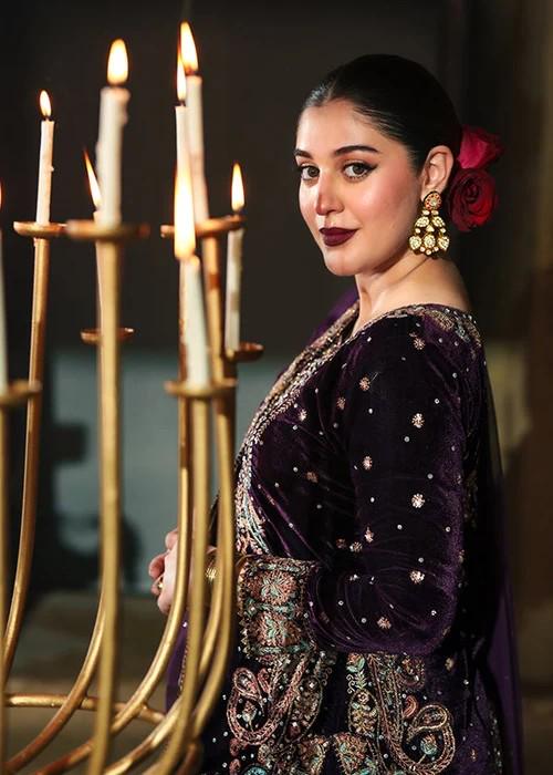 Embroidered Velvet Kurta Set - Deep Purple - 3 Piece