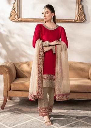 3 Piece - Embroidered Charmeuse Silk Farshi Shalwar Suit - Fuchsia