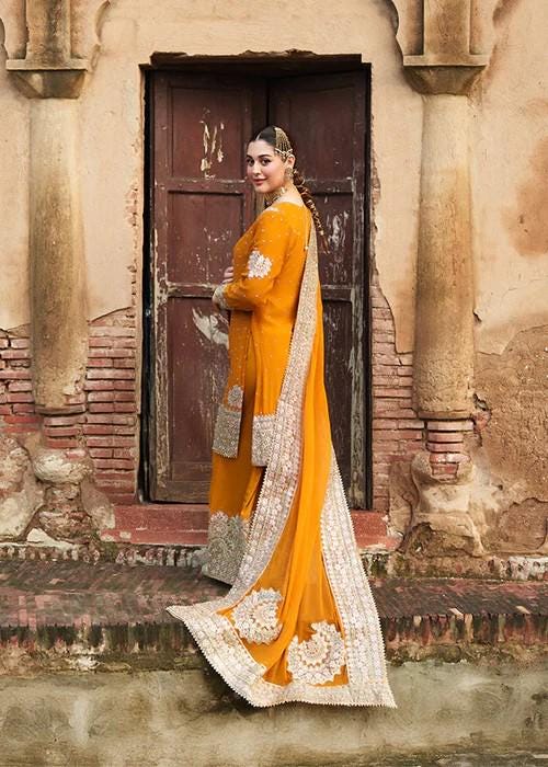 Embroidered Chiffon and Raw Silk Shalwar Suit - Mustard