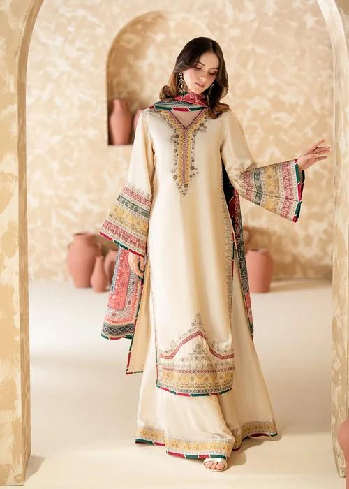 Embroidered Charmeuse Silk Sharara Suit - Cream