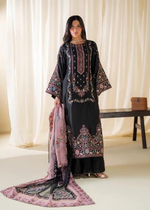 Embroidered Charmeuse / Shamooz Silk Kurta Palazzo Set - 3 Piece