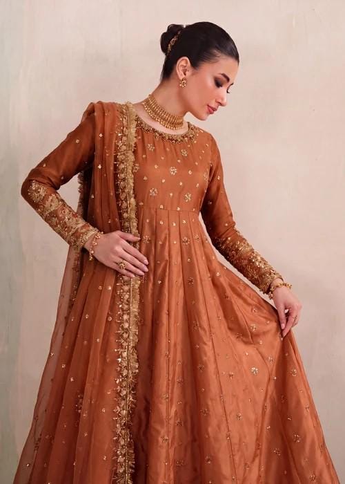 Embroidered Silk Pishwas Palazzo Suit - 4 Piece - Copper Orange