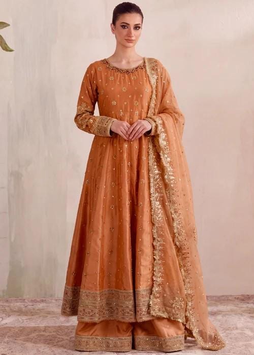 Embroidered Silk Pishwas Palazzo Suit - 4 Piece - Copper Orange