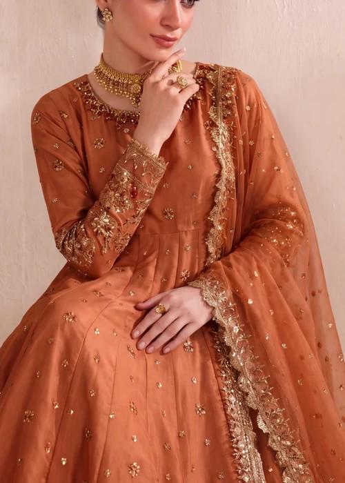 Embroidered Silk Pishwas Palazzo Suit - 4 Piece - Copper Orange