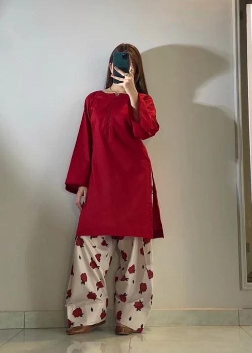 Printed Cotton Kurta Farshi Shalwar Suit - 2 Piece - Red