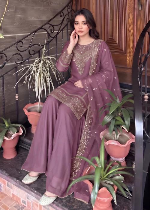 Embroidered Chiffon Sharara - Mauve - 3 Piece