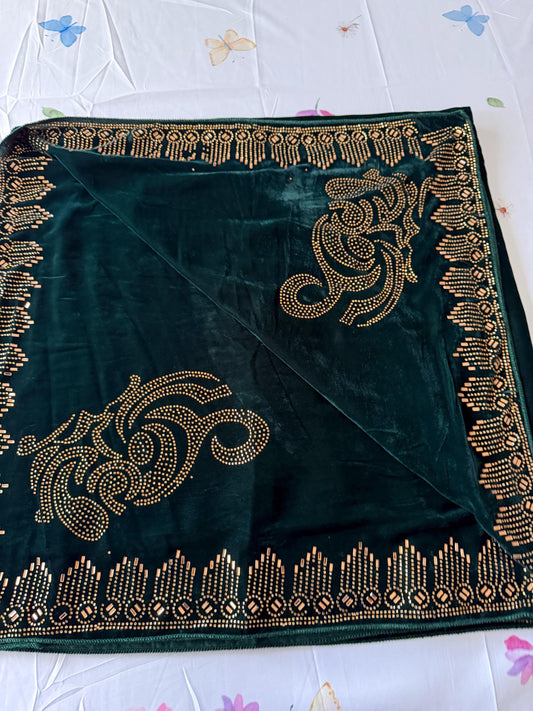 Embellished  Velvet Shawl / Dupatta - Dark Green