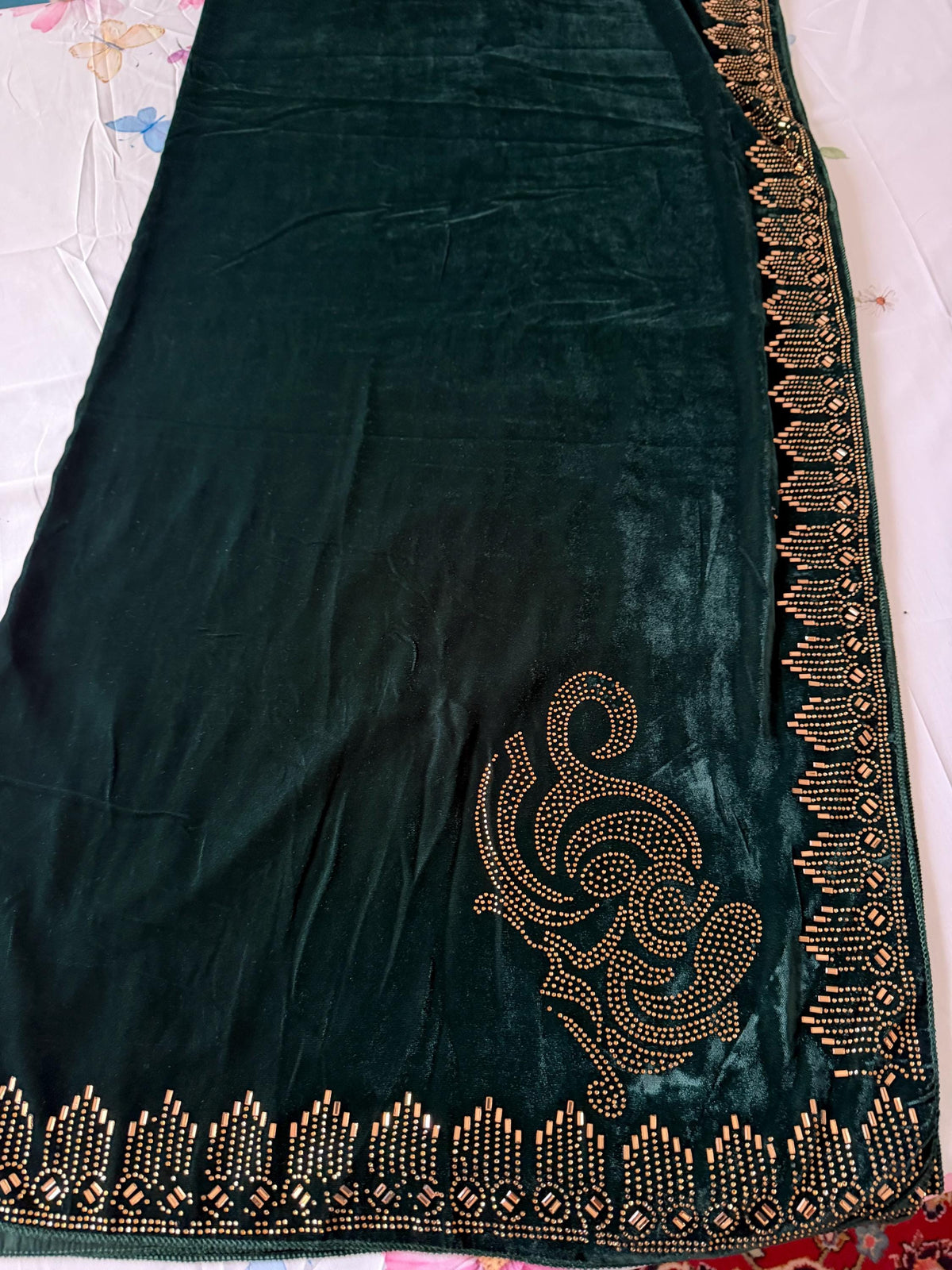 Embellished  Velvet Shawl / Dupatta - Dark Green