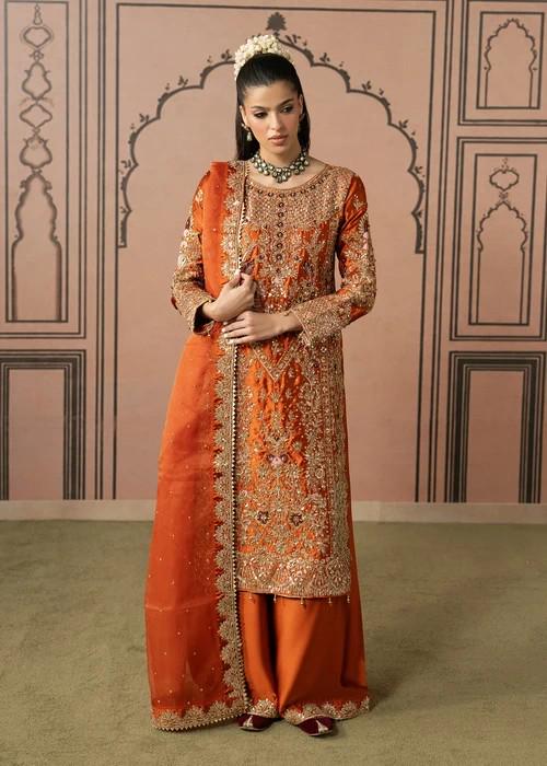 Embroidered Charmeuse Silk Suit - Burnt Orange - 3 Piece