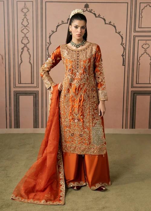 Embroidered Charmeuse Silk Suit - Burnt Orange - 3 Piece