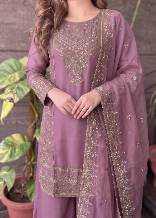 Embroidered Chiffon Sharara - Mauve - 3 Piece