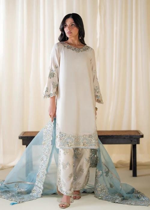 Embroidered Charmeuse Silk Suit - 3 Piece - Ivory