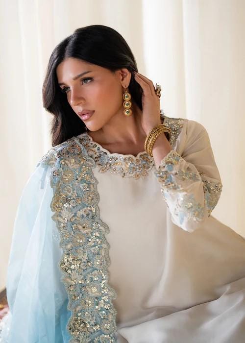 Embroidered Charmeuse Silk Suit - 3 Piece - Ivory