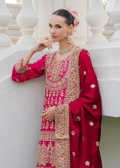 Embroidered Charmeuse Silk Suit - Fuchsia - 3 Piece