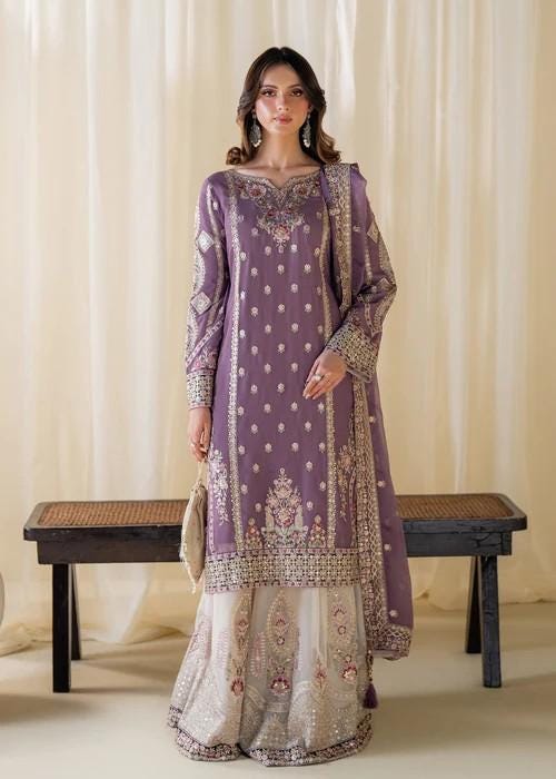 Embroidered Chiffon Sharara Suit - 3 Piece - Purple