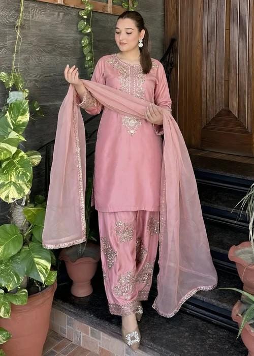 Embroidered Silk Farshi Shalwar Suit with Organza Dupatta - 3 Piece - Indian Pink