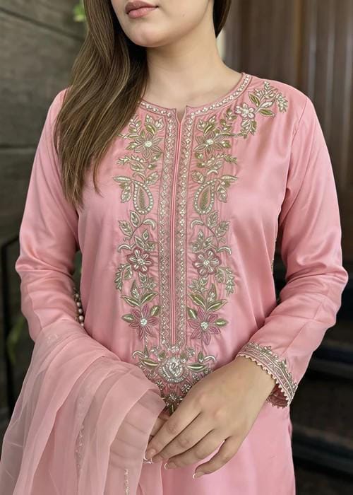 Embroidered Silk Farshi Shalwar Suit with Organza Dupatta - 3 Piece - Indian Pink