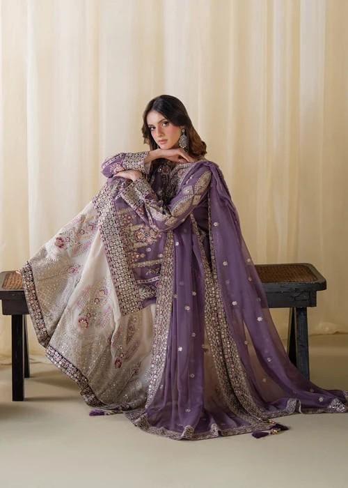 Embroidered Chiffon Sharara Suit - 3 Piece - Purple