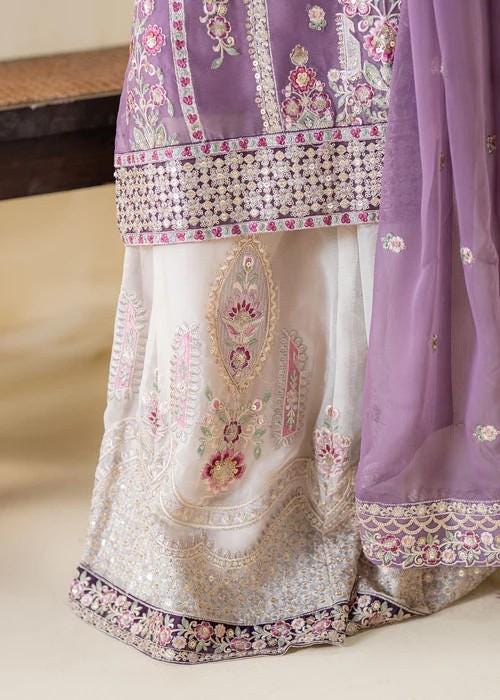 Embroidered Chiffon Sharara Suit - 3 Piece - Purple