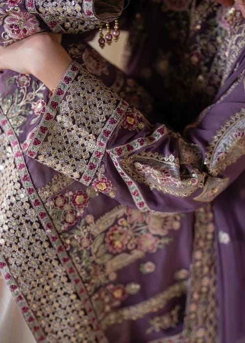 Embroidered Chiffon Sharara Suit - 3 Piece - Purple