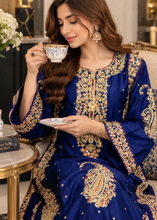 Embroidered Silk Charmeuse Kaftan with Trousers - Navy Blue