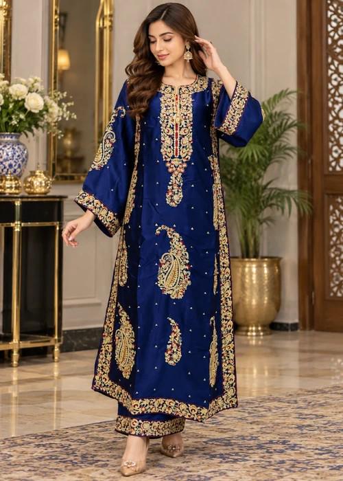 Embroidered Silk Charmeuse Kaftan with Trousers - Navy Blue