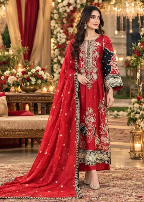 Embroidered Silk Charmeuse Kaftan Suit - 3 Piece