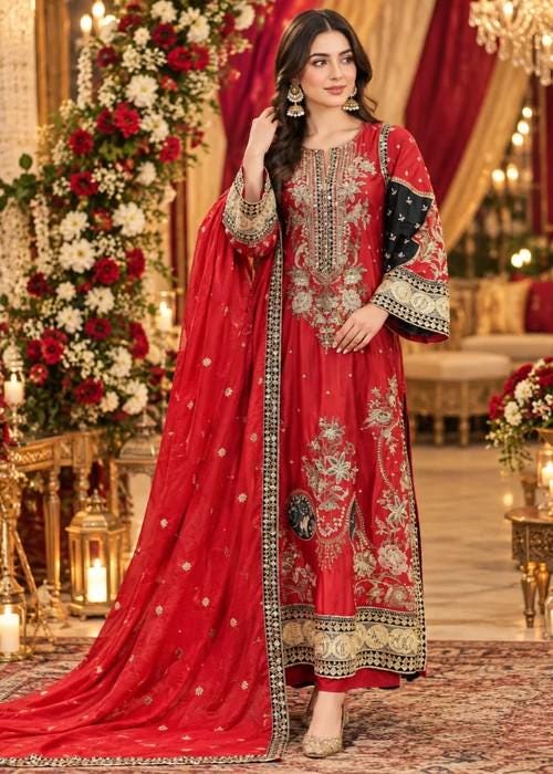 Embroidered Silk Charmeuse Kaftan Suit - 3 Piece