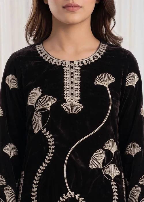 Embroidered Velvet Suit - Dark Brown - 2 Piece