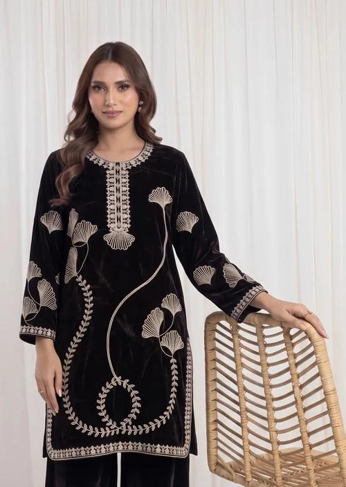 Embroidered Velvet Suit - Dark Brown - 2 Piece