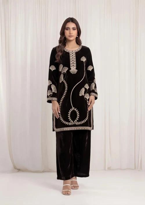 Embroidered Velvet Suit - Dark Brown - 2 Piece