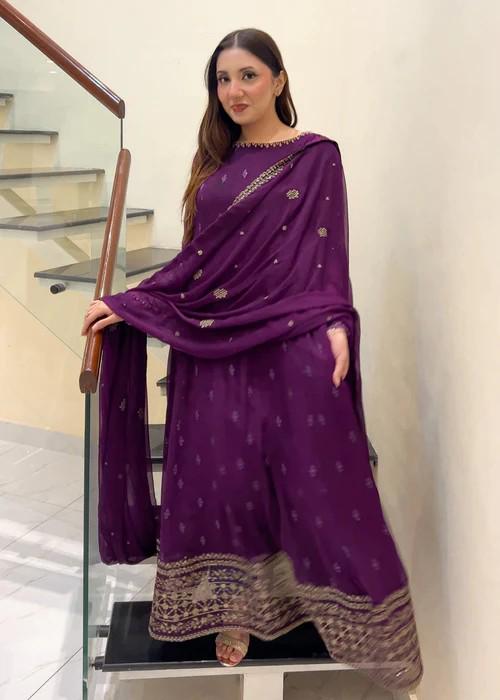 Embroidered Chiffon Dress - Plum Purple - 3 Piece